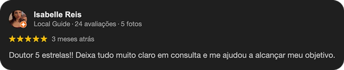 Avaliação de Isabelle Reis sobre o atendimento do Dr. Túlio Safar em São José do Rio Preto, publicada no Google